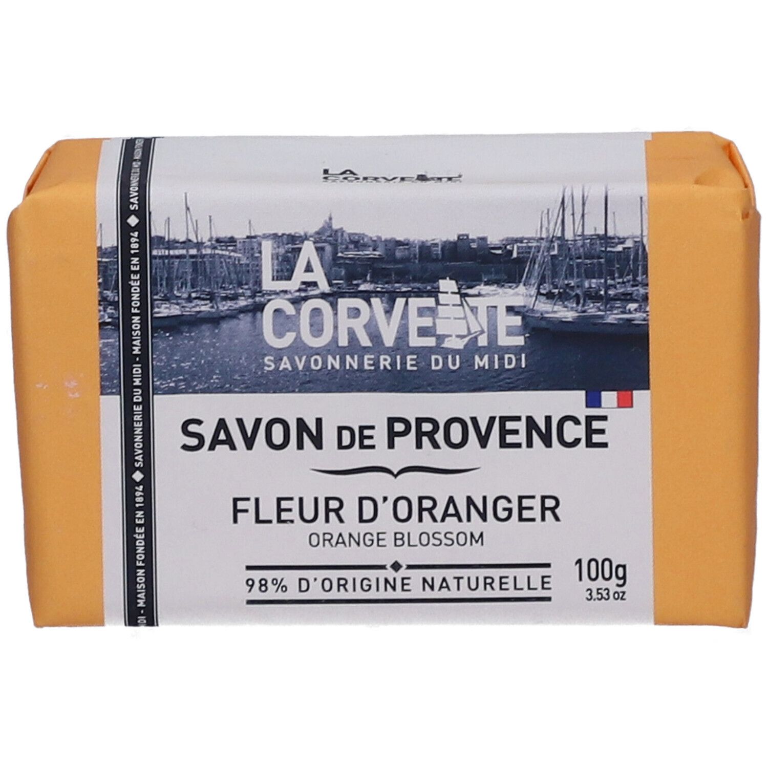 Seife in orangefarbener Verpackung. Aufschrift: LA CORVETTE, Savon de Provence, Fleur d'Oranger, 98% d'origine naturelle.