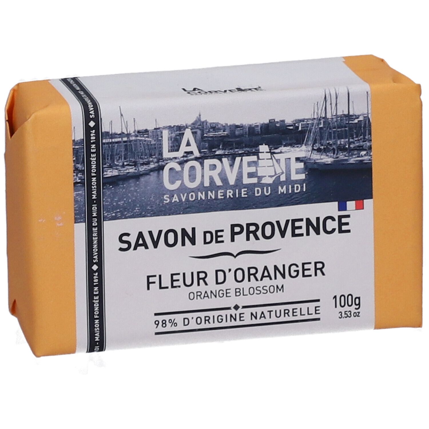 Seife in orangefarbener Verpackung. Aufschrift: LA CORVETTE, Savon de Provence, Fleur d'Oranger, 98% d'origine naturelle.