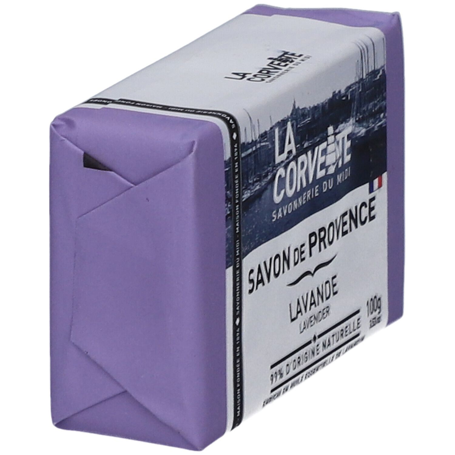 Zeep in paarse verpakking. Opschrift "Savon de Provence Lavande" op de verpakking.