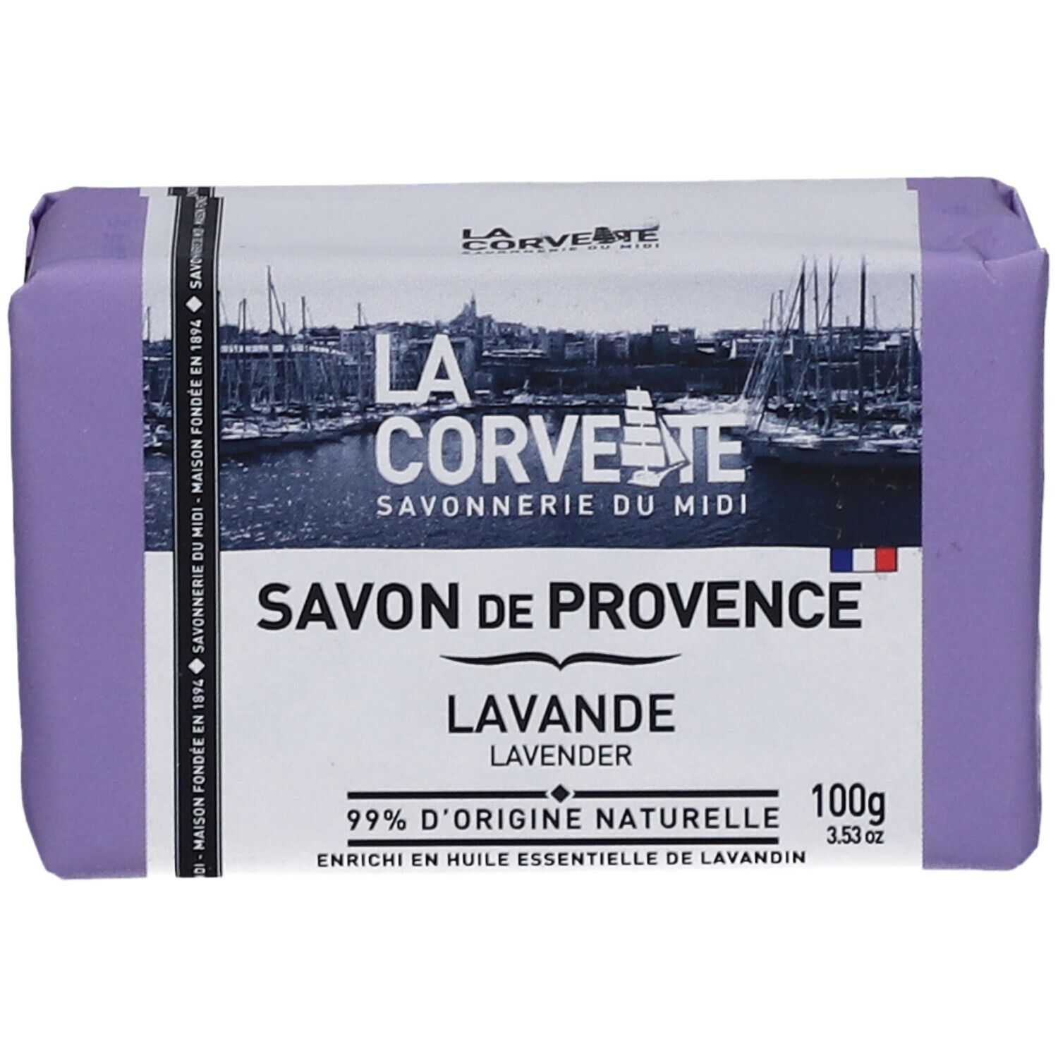 Paars verpakte zeep. Opschrift "Savon de Provence Lavande" en "100g" op de verpakking.