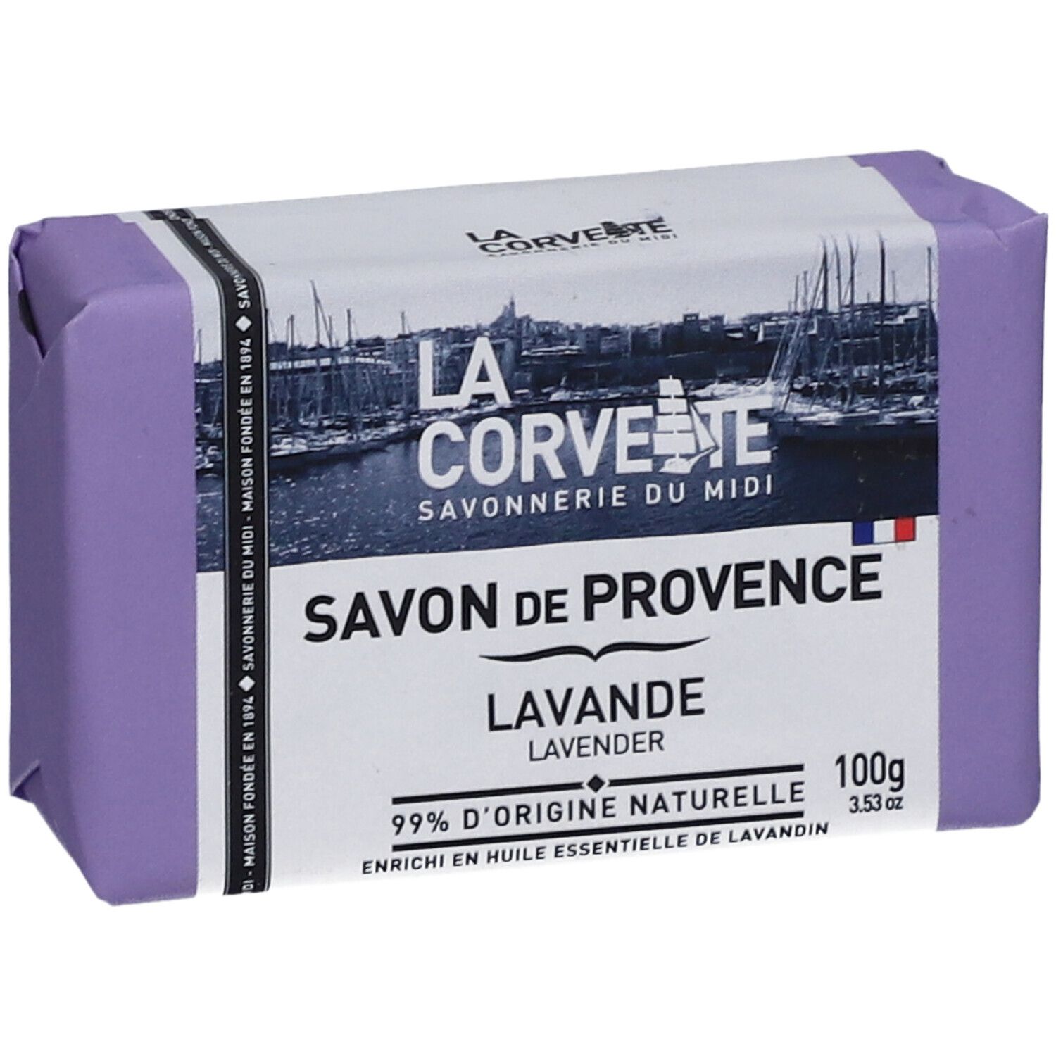 Paars verpakte zeep. Opschrift "Savon de Provence Lavande" en "100g" op de verpakking.
