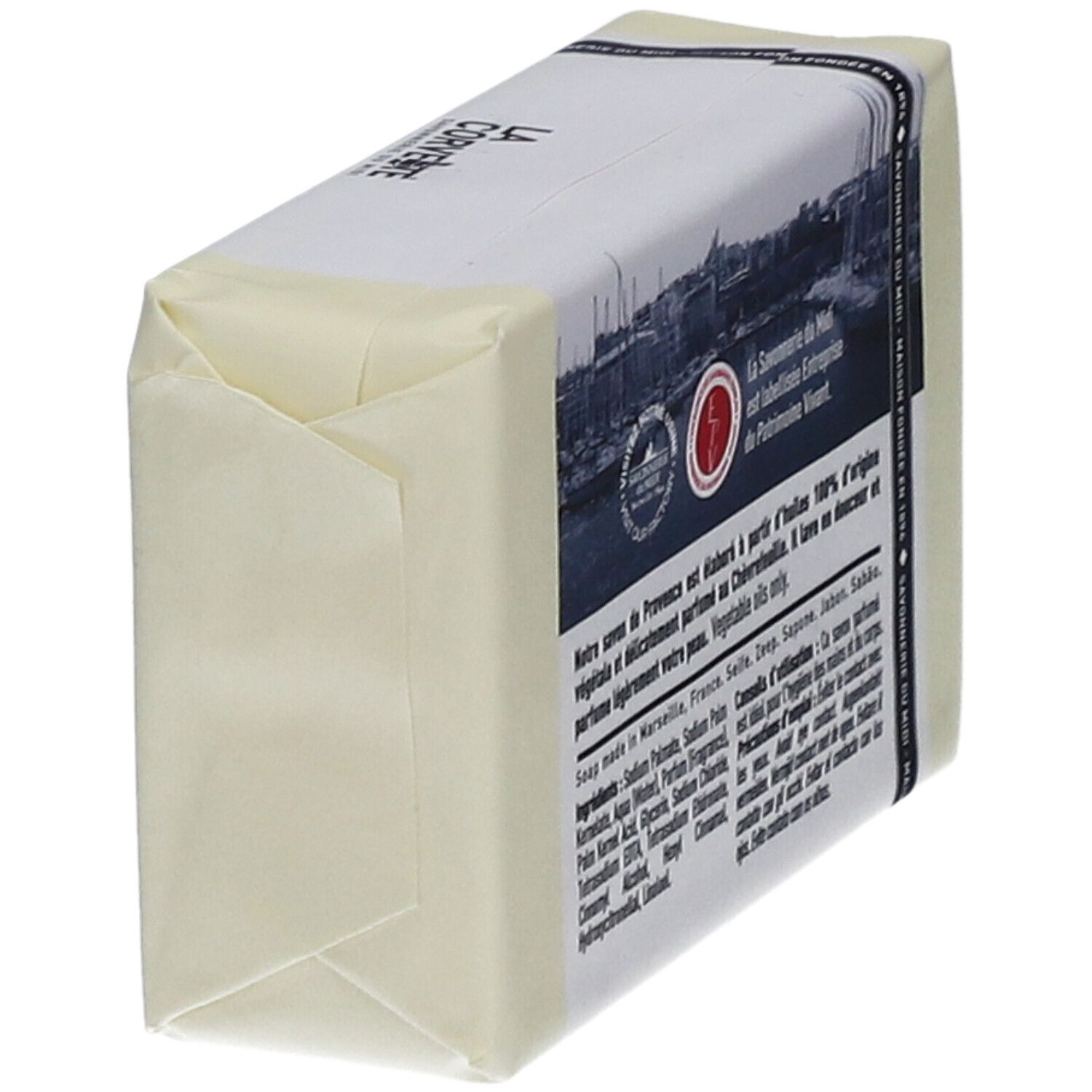 Verpacktes Seifenstück. Rückseite mit Text und Logo. Text: Savon de Provence, Chèvrefeuille. Zertifizierung.