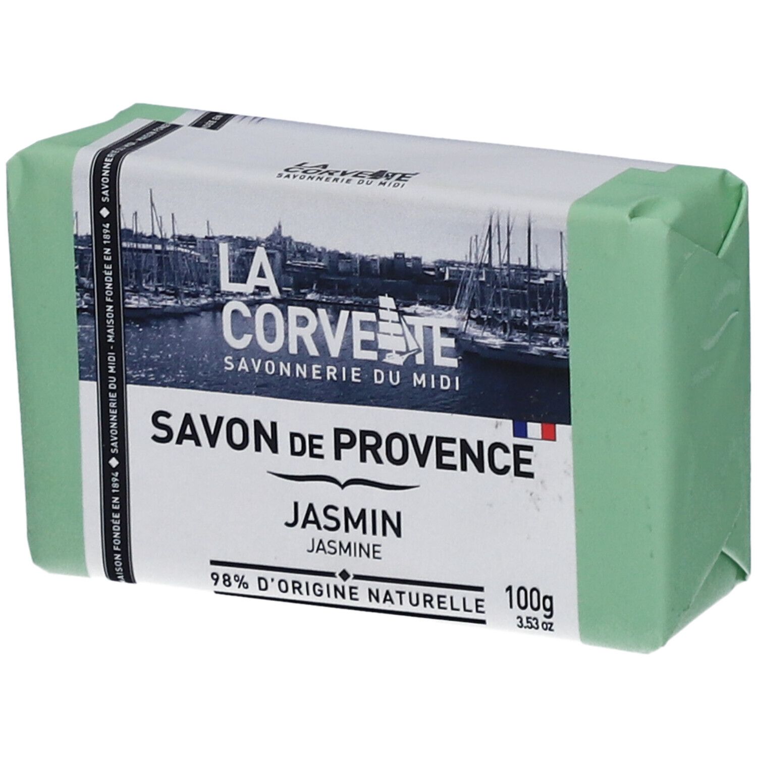 Savon vert emballé. Inscription: LA CORVETTE Savon de Provence Jasmin. 100g, 98% d'origine naturelle.