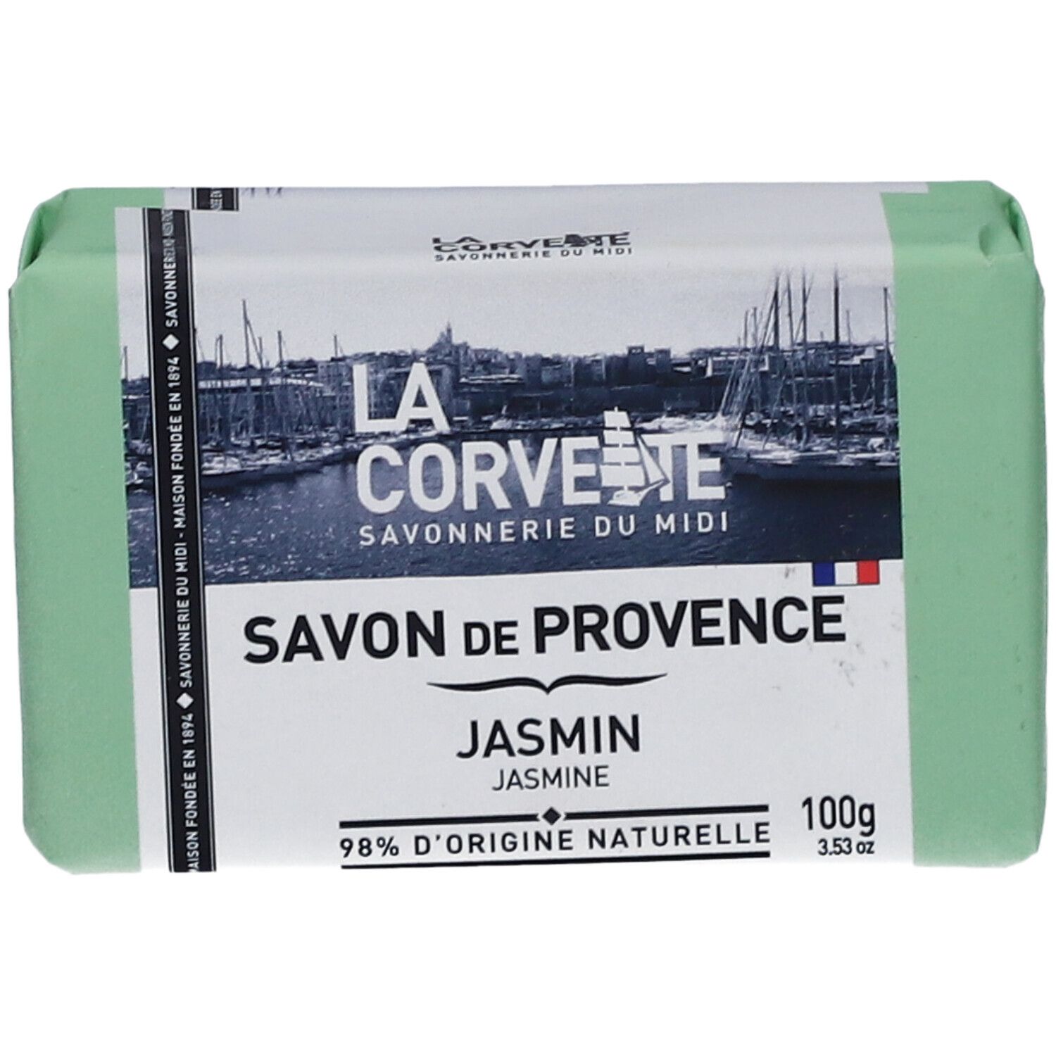 Savon vert emballé. Inscription: LA CORVETTE Savon de Provence Jasmin. 100g, 98% d'origine naturelle.