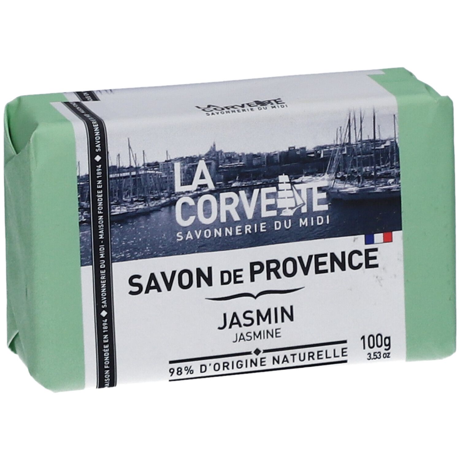 Savon vert emballé. Inscription: LA CORVETTE Savon de Provence Jasmin. 100g, 98% d'origine naturelle.