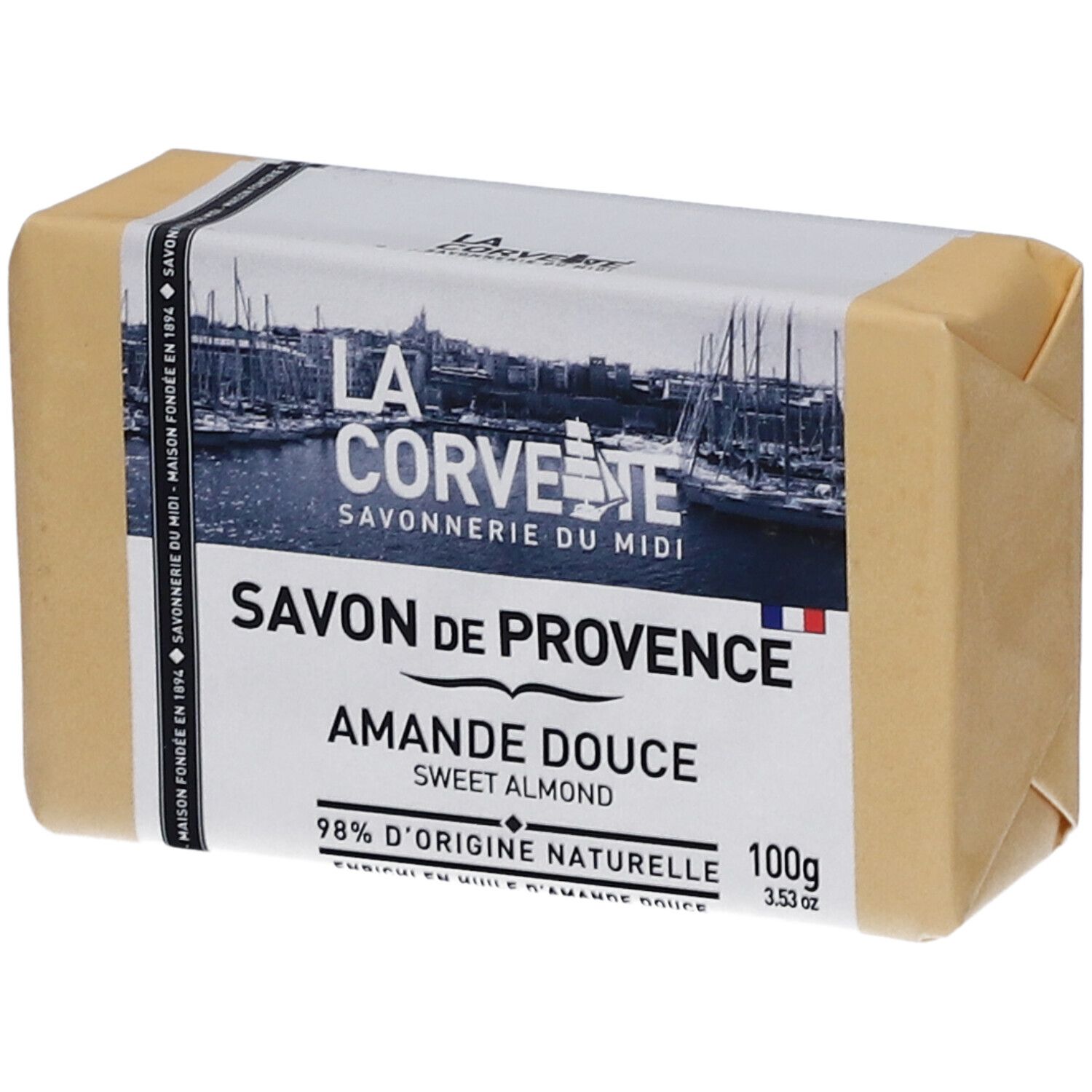 Savon emballé. Inscription: LA CORVETTE Savon de Provence Amande Douce. 98% d'origine naturelle.