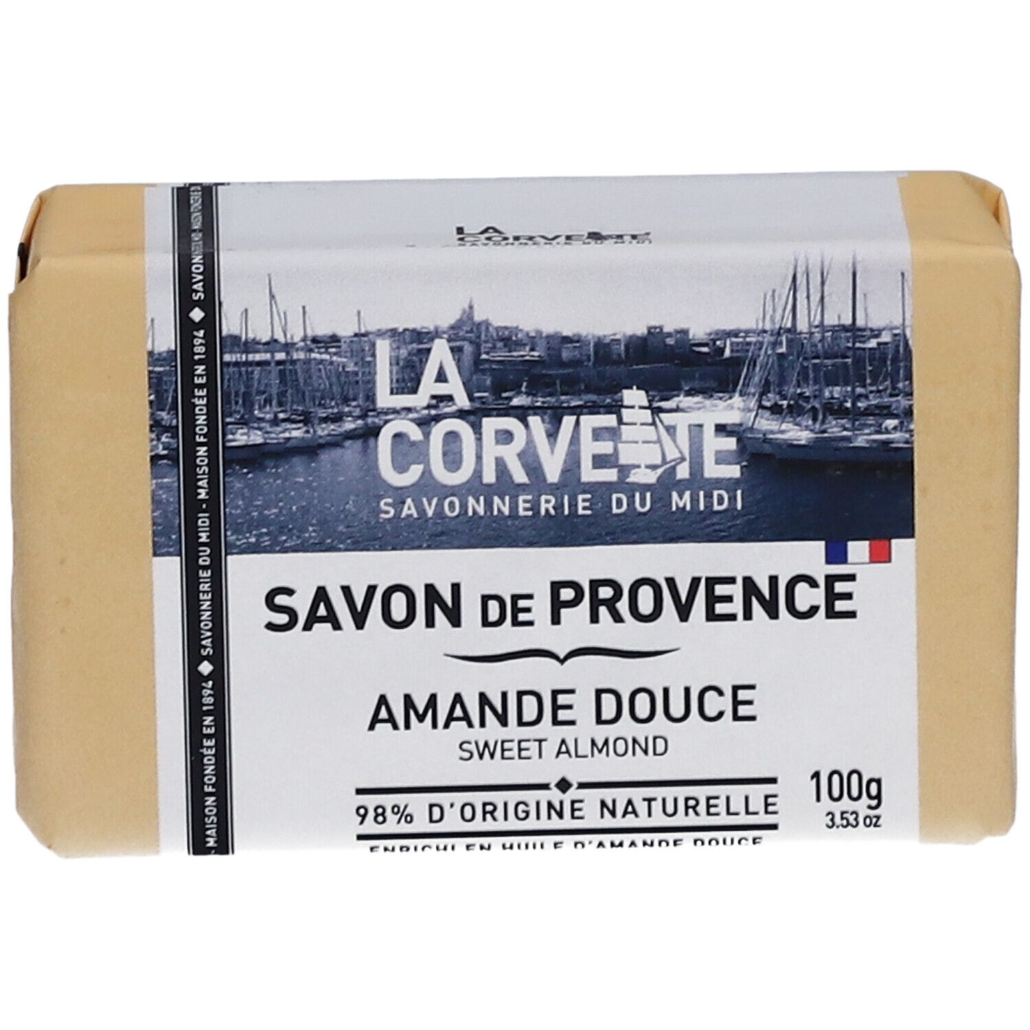 Savon emballé. Inscription: LA CORVETTE Savon de Provence Amande Douce. 100g.