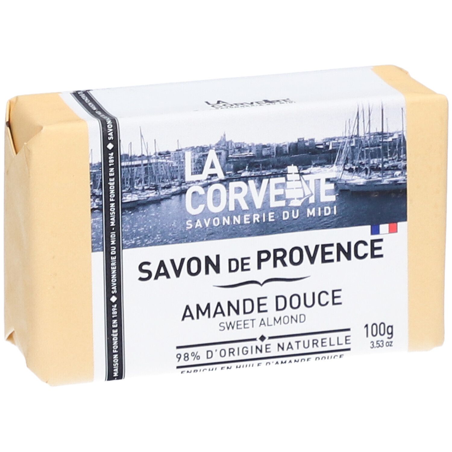 Savon emballé. Inscription: LA CORVETTE Savon de Provence Amande Douce. 100g.