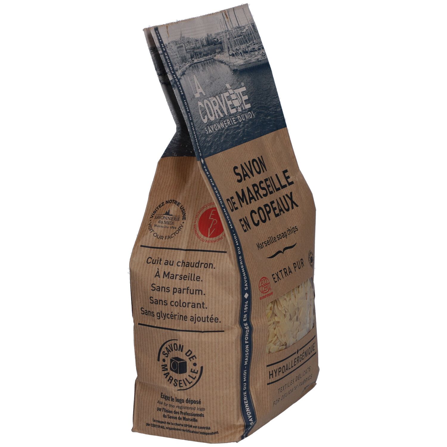 Sac de savon de Marseille en copeaux, vue latérale. Texte: Extra Pur, fabriqué à Marseille, sans parfum.