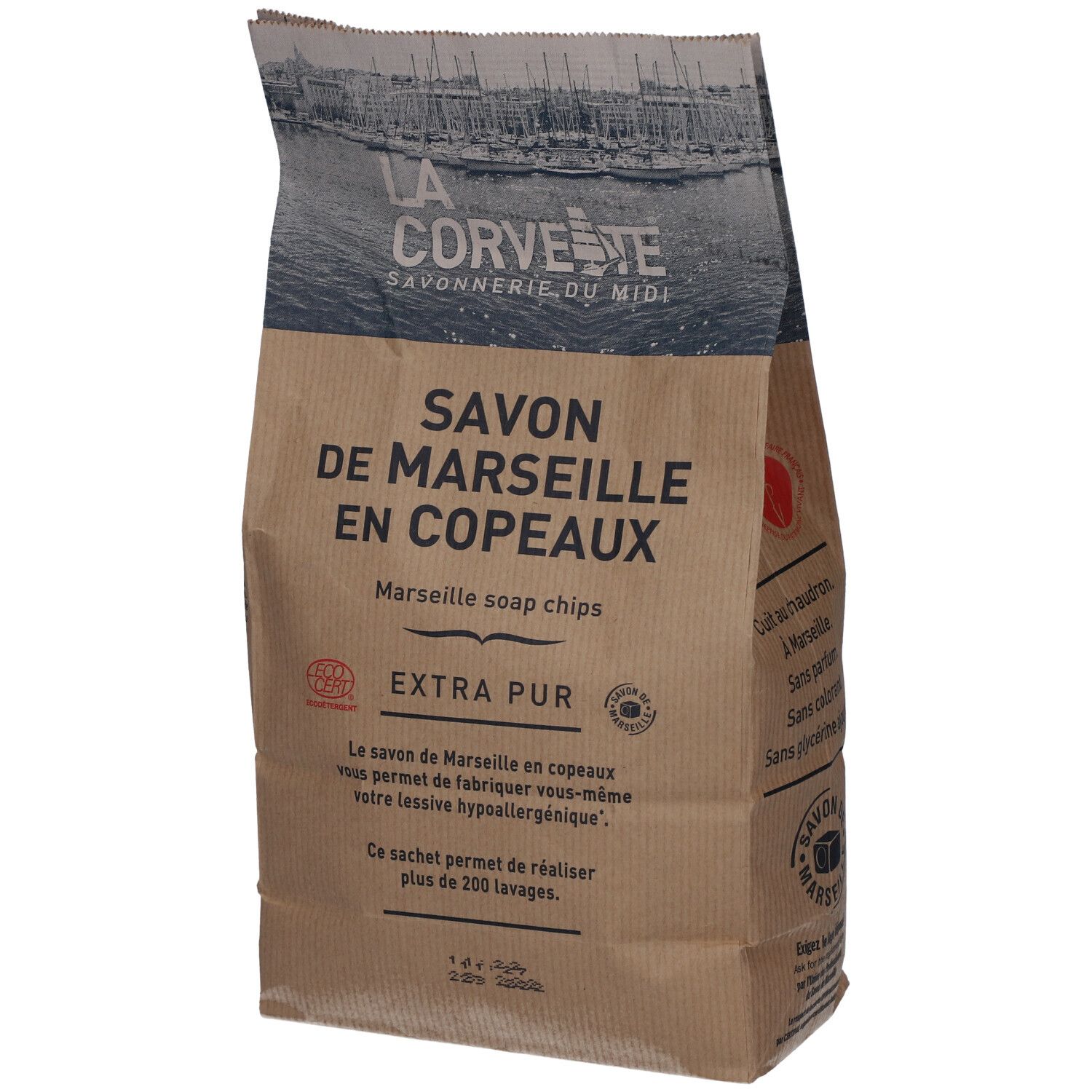 Sac de savon de Marseille en copeaux. Texte: Extra Pur, savon de Marseille en copeaux, hypoallergénique, pour +200 lavages.