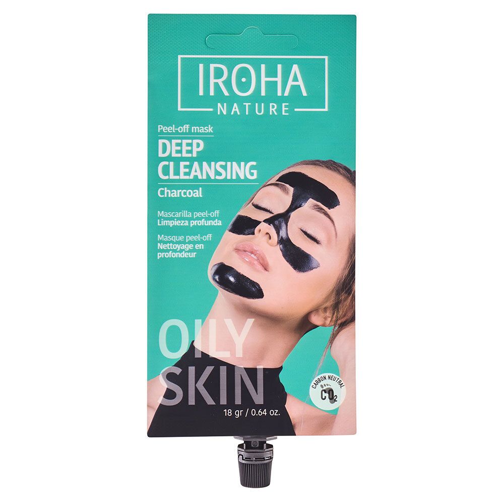 Emballage de masque facial. Inscription : IROHA NATURE, Deep Cleansing, Charcoal. Femme avec masque sur le visage.