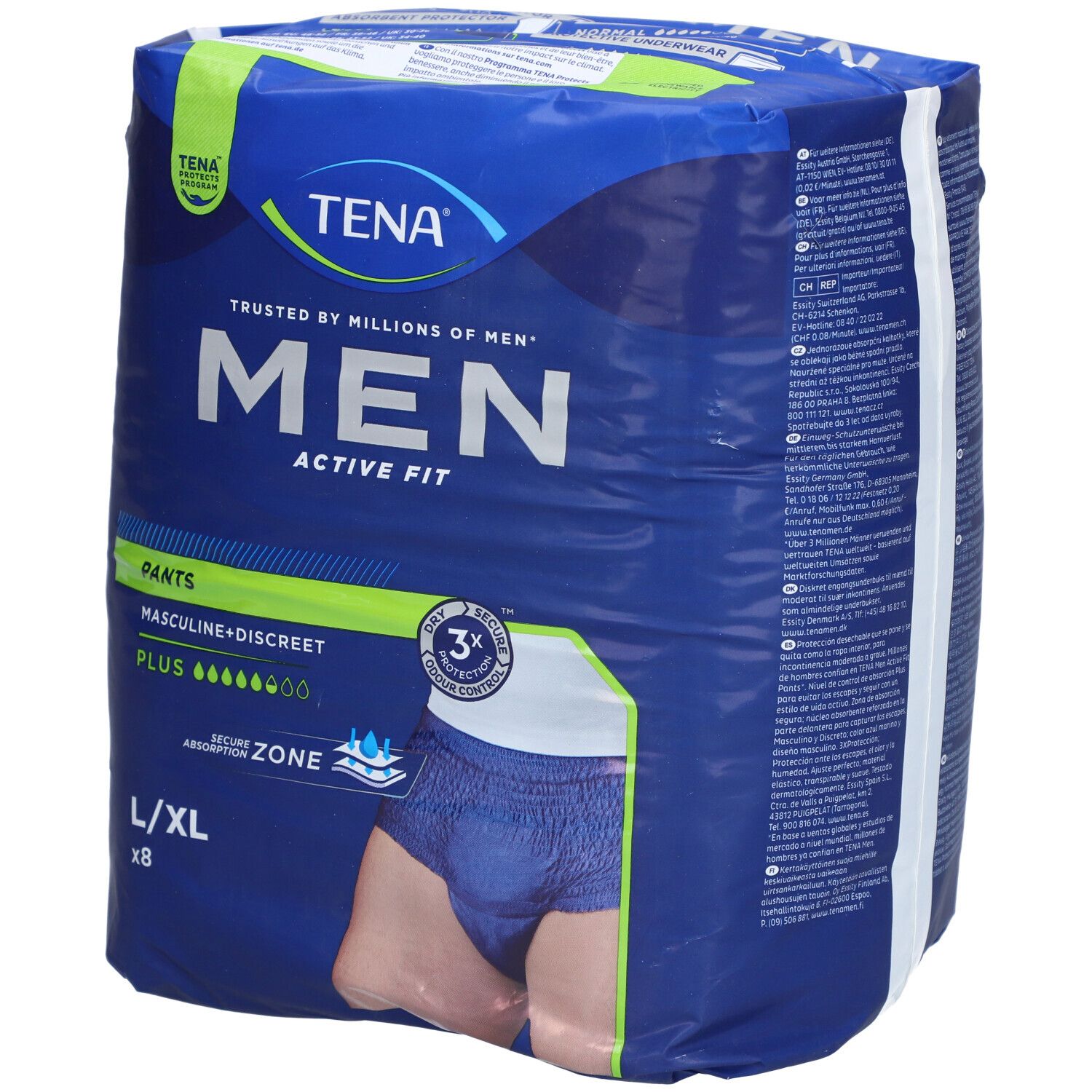 Emballage bleu et blanc TENA MEN ACTIVE FIT PLUS. Inscription : MEN, ACTIVE FIT, Pants, L/XL, x8. Illustration d'un homme en sous-vêtement bleu.