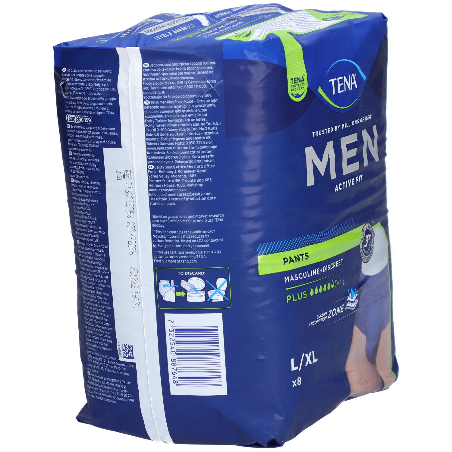 Dos de l'emballage TENA MEN ACTIVE FIT PLUS. Informations textuelles, y compris les instructions d'élimination. Nom du produit et logo visibles.