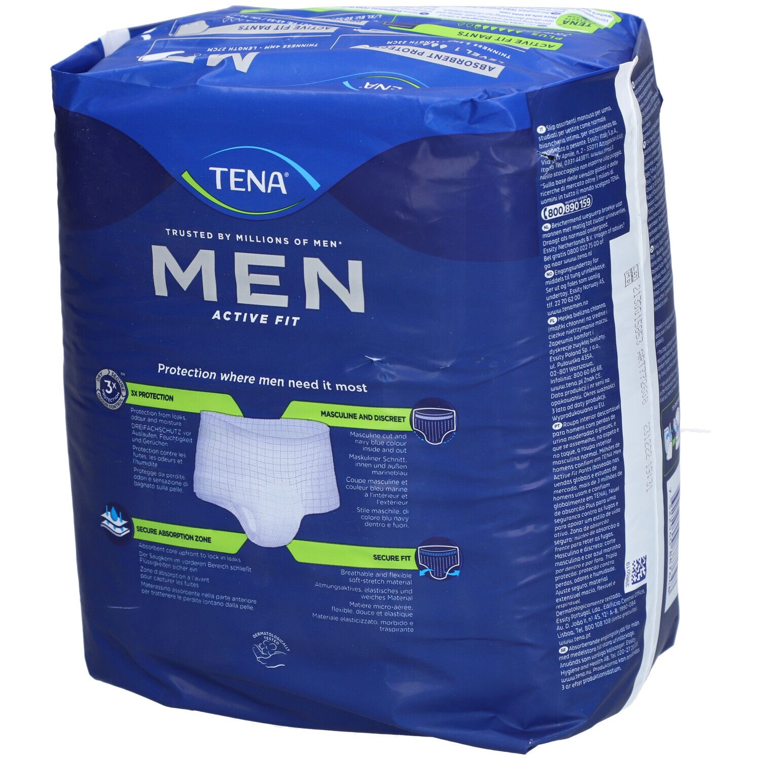 Emballage TENA MEN ACTIVE FIT PLUS. Nom et logo du produit clairement visibles. Illustration d'une protection blanche. Texte : Protection where men need it most.