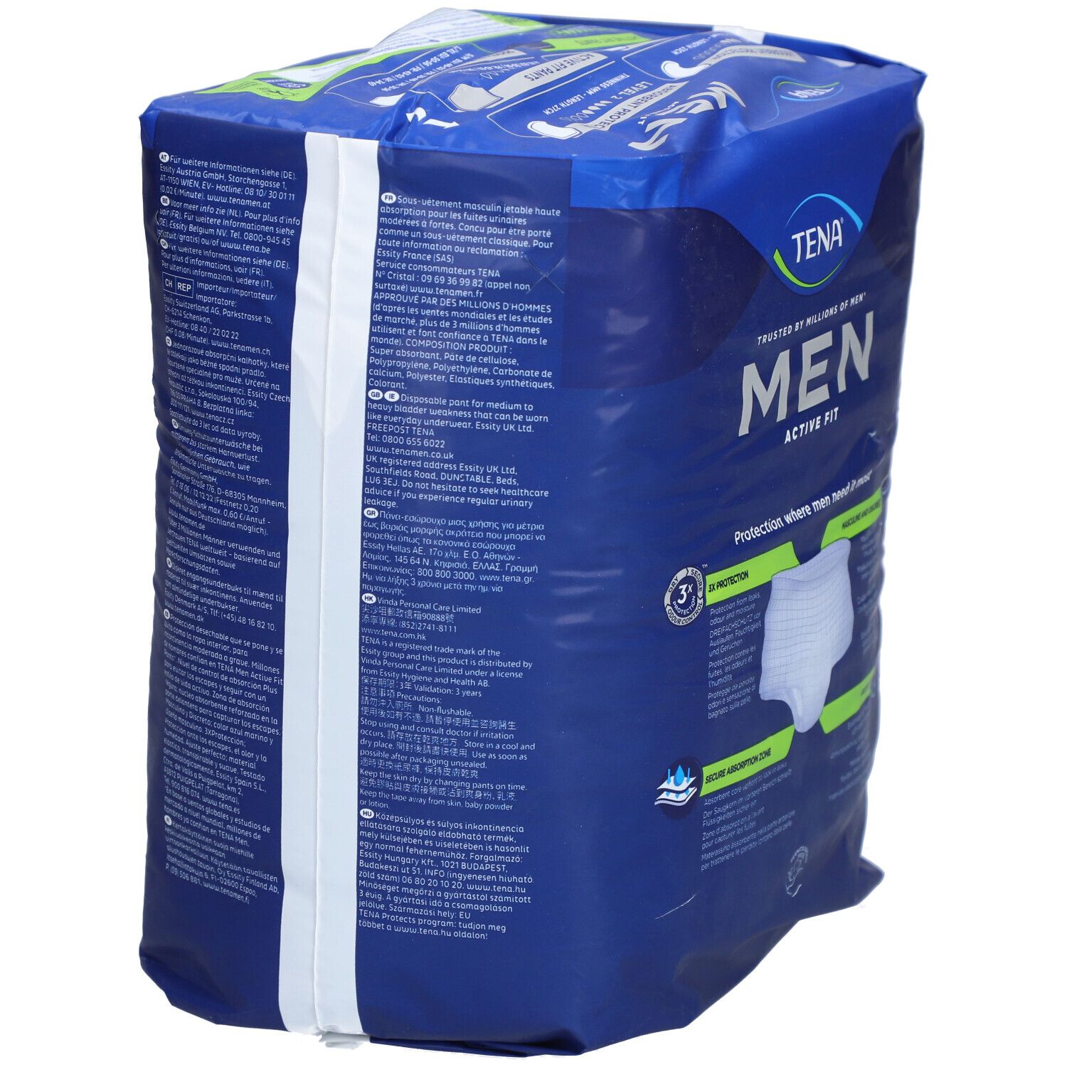 Emballage TENA MEN ACTIVE FIT PLUS. Nom et logo du produit clairement visibles. Informations textuelles sur l'emballage. Illustration d'une protection blanche.