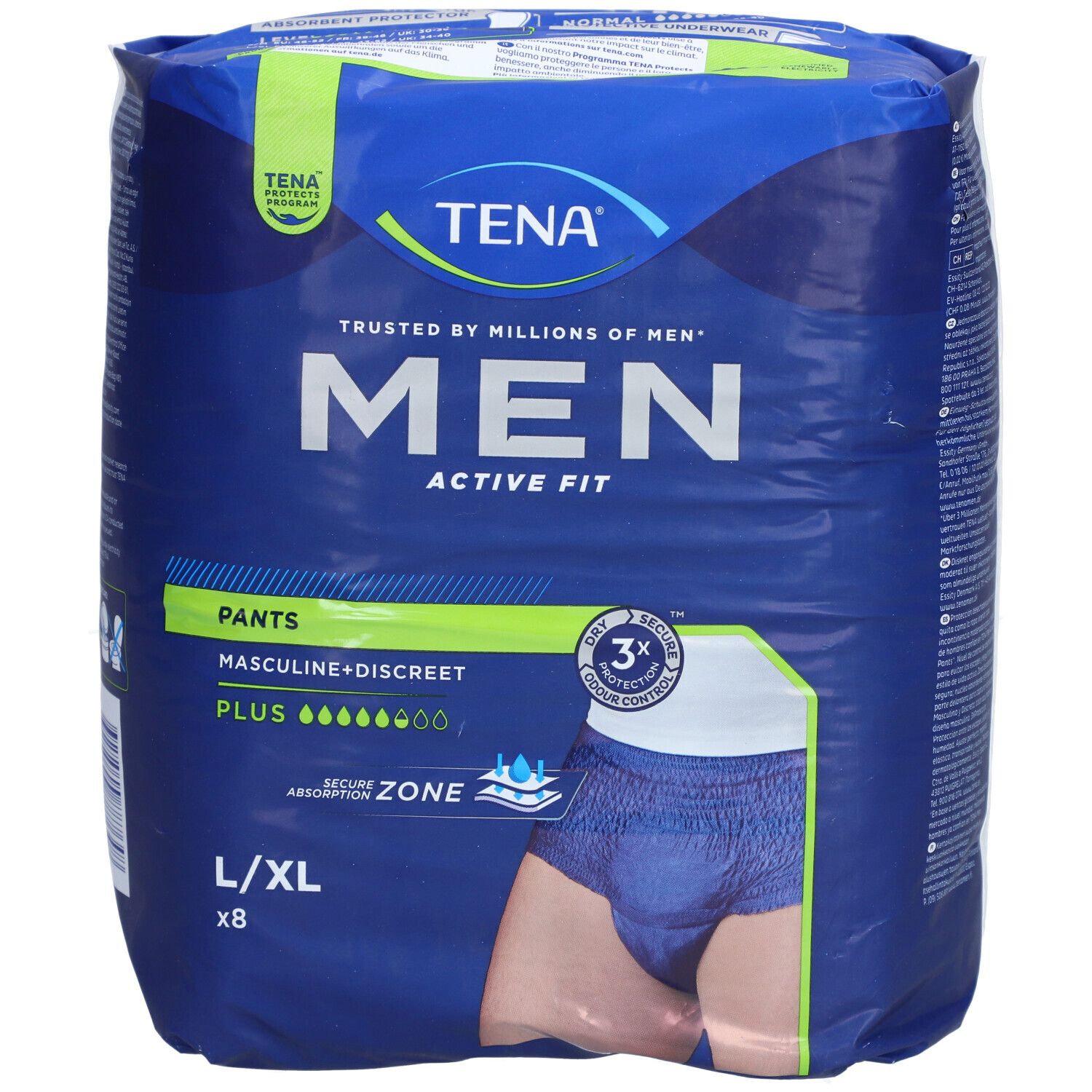 Emballage bleu et blanc TENA MEN ACTIVE FIT PLUS. Inscription : MEN, ACTIVE FIT, Pants, L/XL, x8. Illustration d'un homme en sous-vêtement bleu.