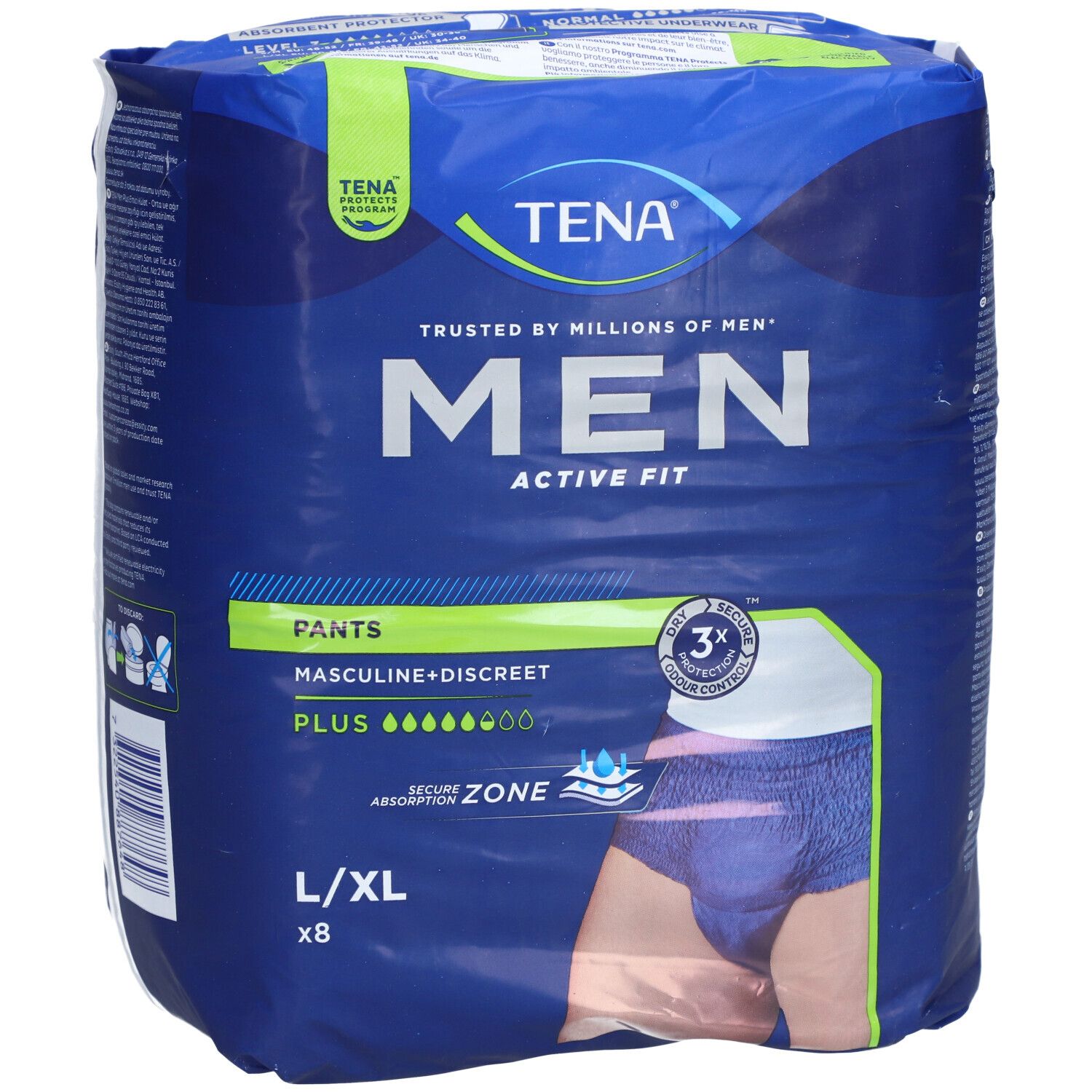 Emballage bleu et blanc TENA MEN ACTIVE FIT PLUS. Inscription : MEN, ACTIVE FIT, Pants, L/XL, x8. Illustration d'un homme en sous-vêtement bleu.