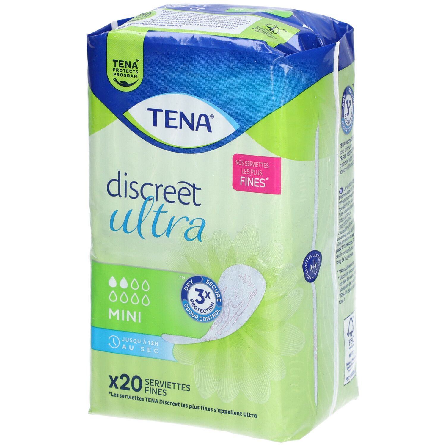 Paquet de TENA Discreet Ultra Mini. 20 serviettes. Contrôle de l'humidité et des odeurs. Emballage vert et bleu.