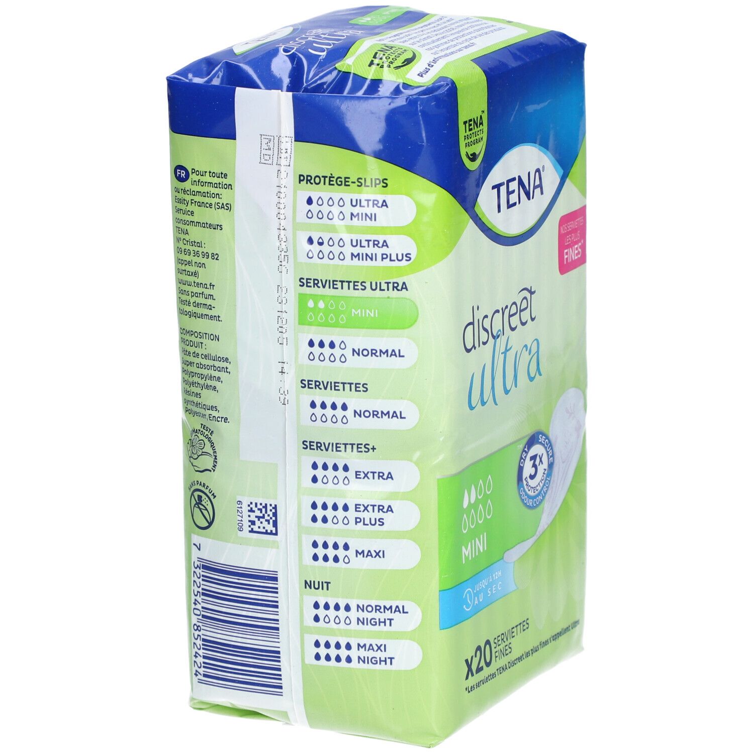 Paquet TENA Discreet Ultra Mini. Vue latérale avec informations produit. 20 serviettes. Emballage vert et bleu.