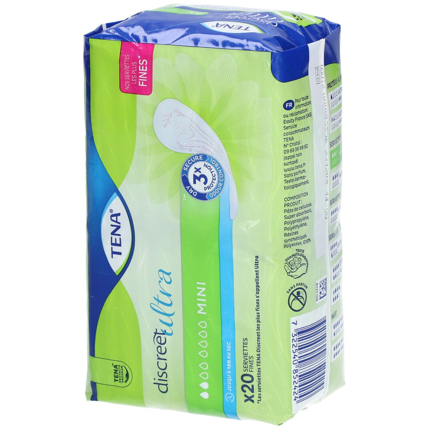 Paquet TENA Discreet Ultra Mini. Dos avec informations produit. 20 serviettes. Emballage vert et bleu.