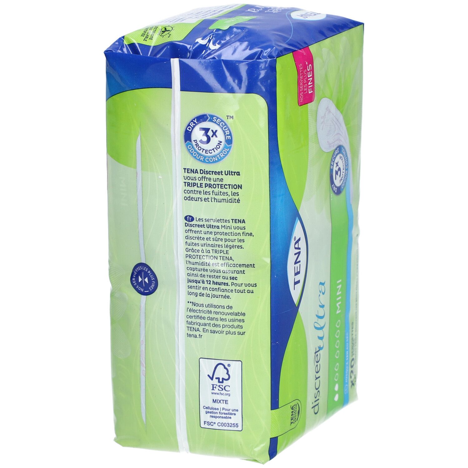 Paquet TENA Discreet Ultra Mini. Vue latérale. 20 serviettes. Certification FSC. Emballage vert et bleu.