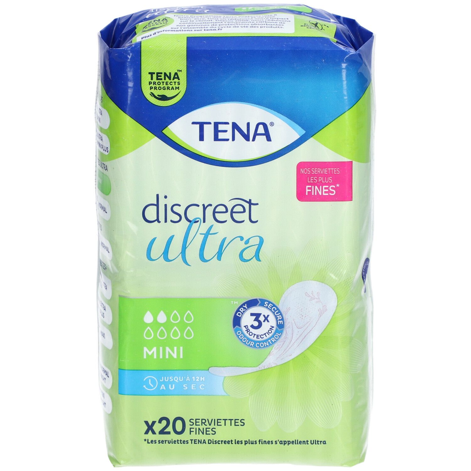 Paquet de TENA Discreet Ultra Mini. 20 serviettes. Contrôle de l'humidité et des odeurs. Emballage vert et bleu.
