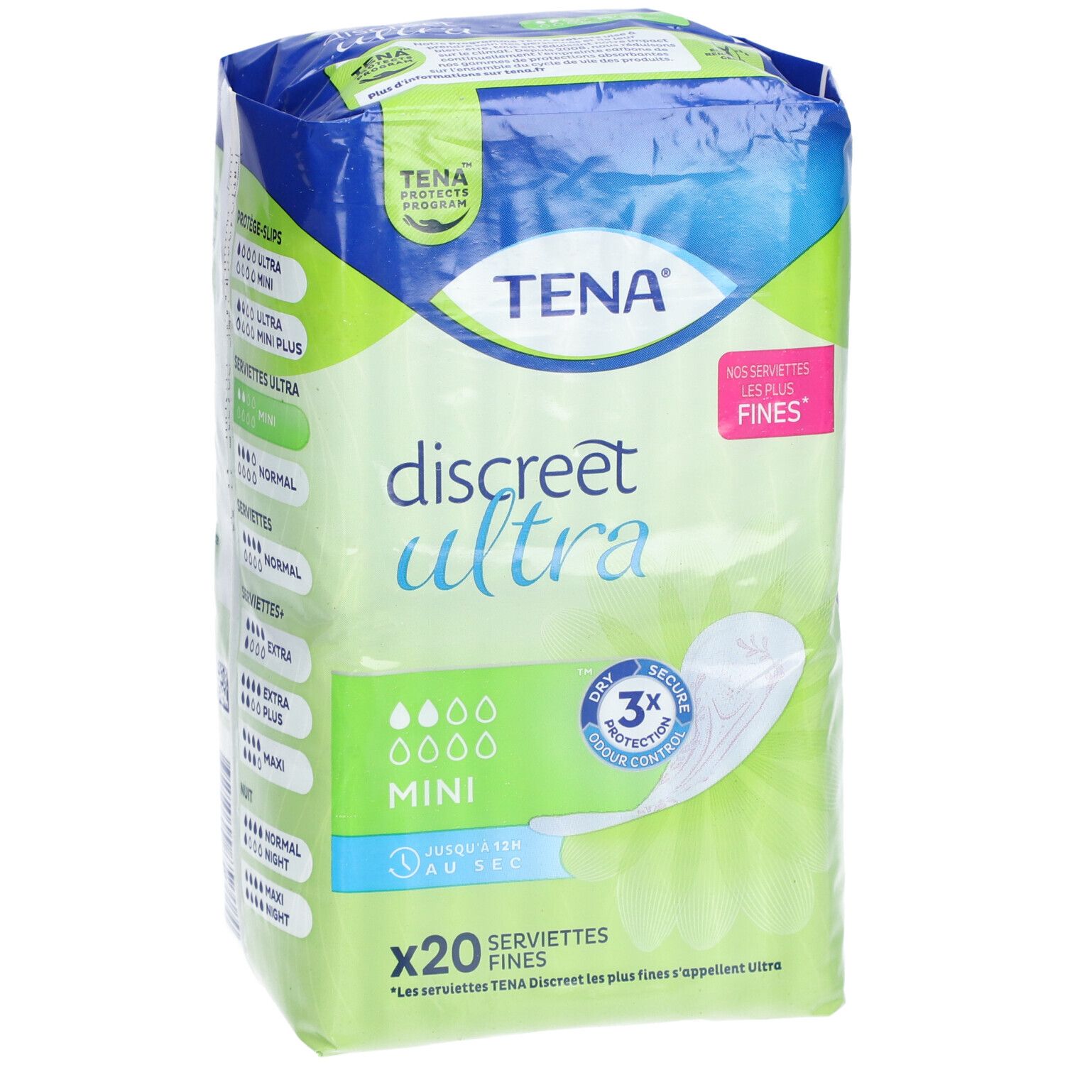 Paquet de TENA Discreet Ultra Mini. 20 serviettes. Contrôle de l'humidité et des odeurs. Emballage vert et bleu.