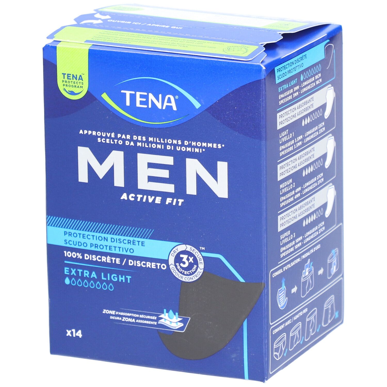 Boîte bleue et blanche. TENA MEN, EXTRA LIGHT, 14 unités. Illustration du produit. Texte: PROTECTION DISCRETE, SCUDO PROTETTIVO.