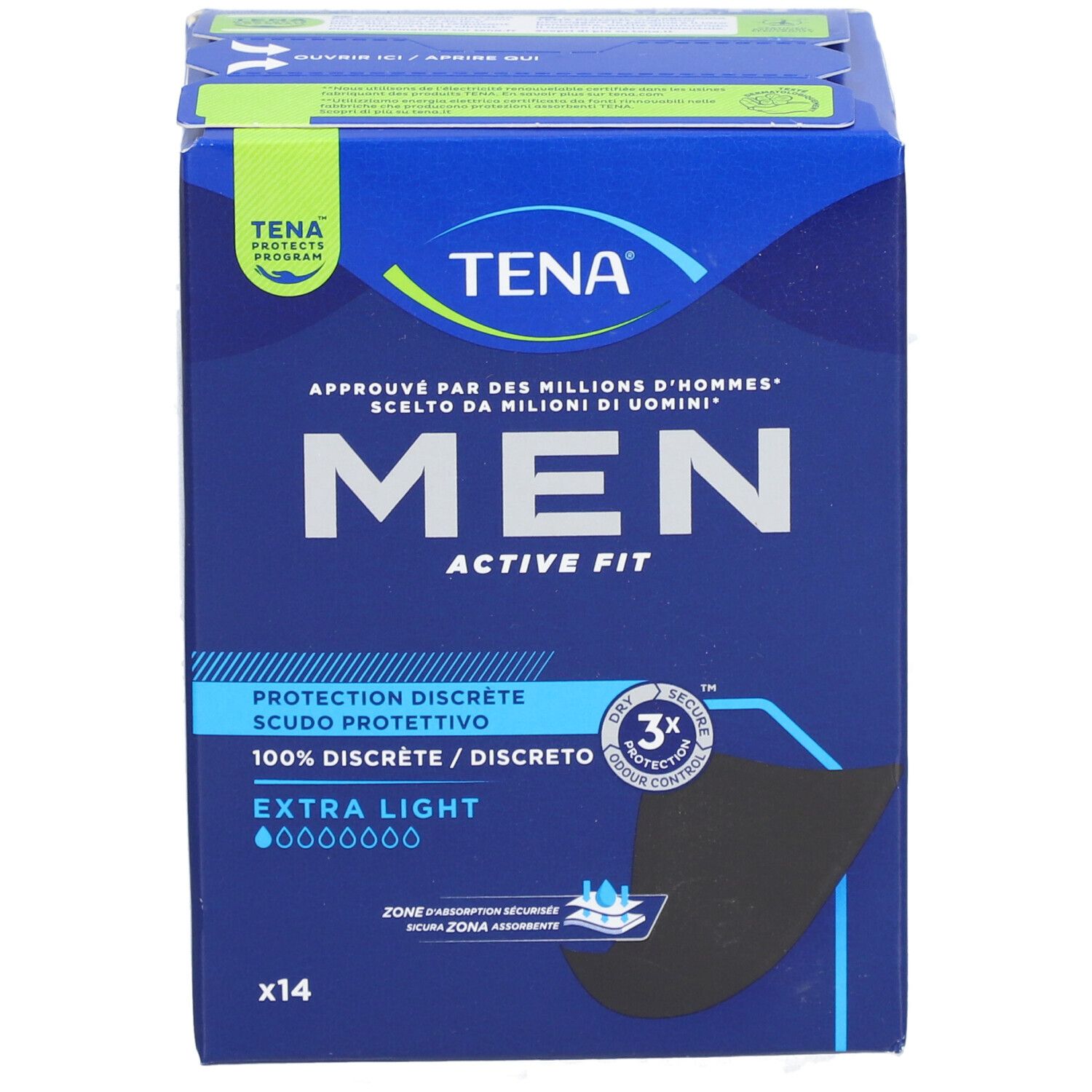 Boîte bleue et blanche. TENA MEN, EXTRA LIGHT, 14 unités. Illustration du produit. Texte: PROTECTION DISCRETE, SCUDO PROTETTIVO.