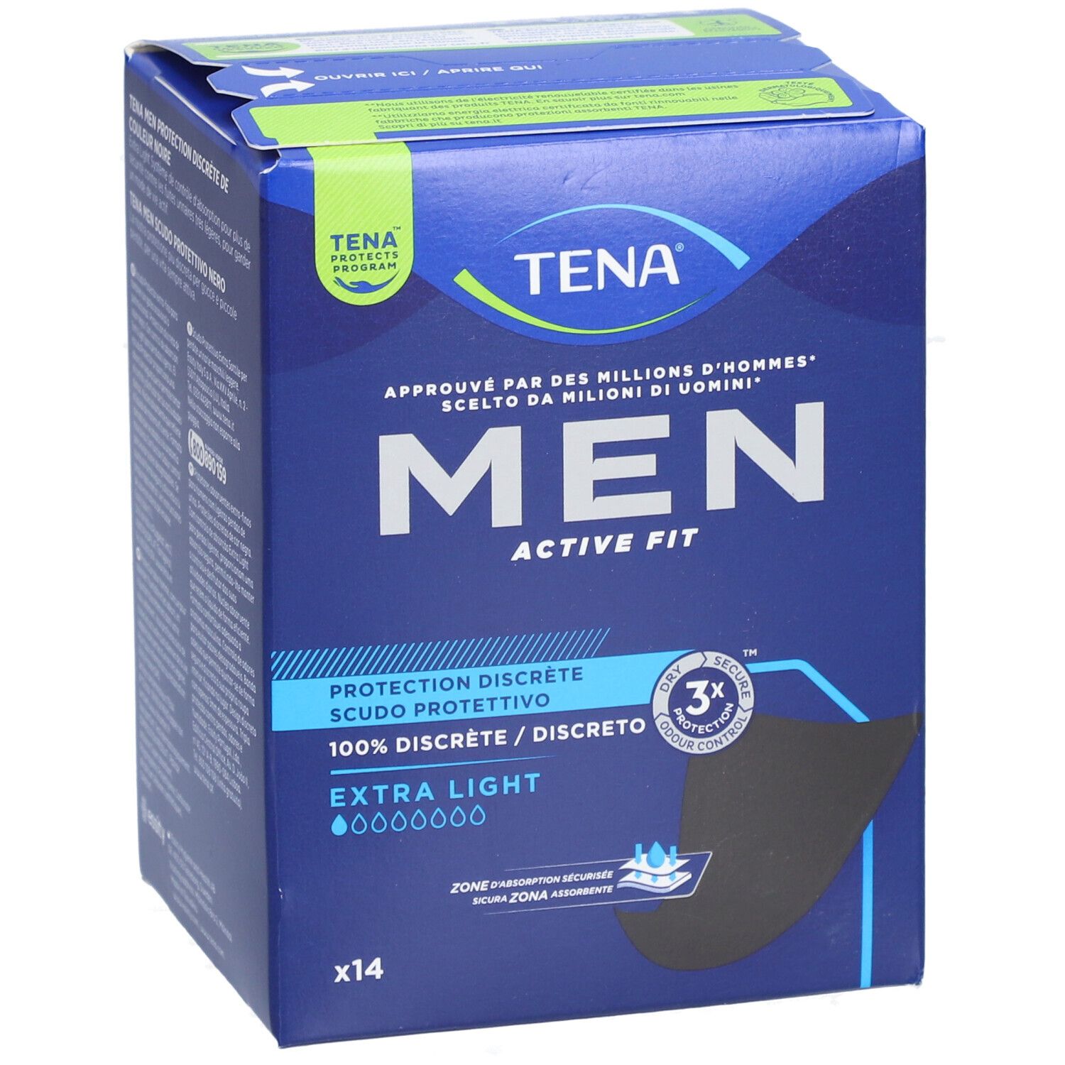 Boîte bleue et blanche. TENA MEN, EXTRA LIGHT, 14 unités. Illustration du produit. Texte: PROTECTION DISCRETE, SCUDO PROTETTIVO.