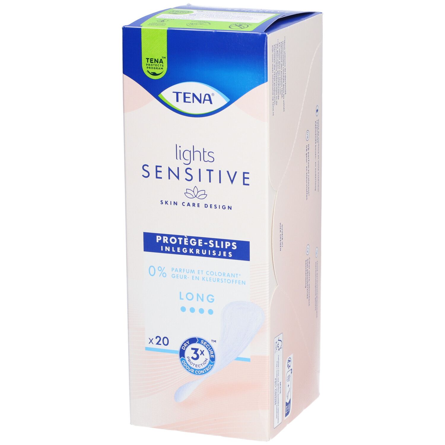 Boîte de Tena Lights Sensitive Long. Emballage bleu et blanc avec informations produit et logo.