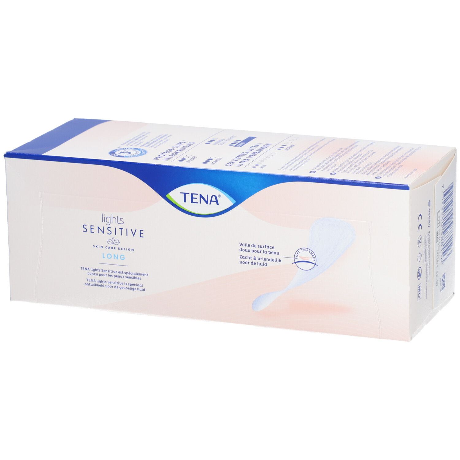 Boîte Tena Lights Sensitive Long. Boîte rectangulaire avec informations produit et logo.