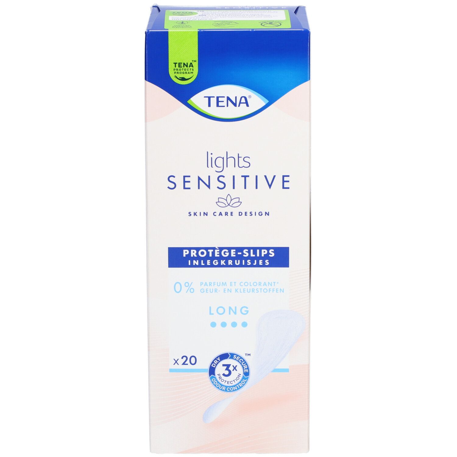Boîte Tena Lights Sensitive Long. Emballage bleu et blanc avec informations produit et logo.