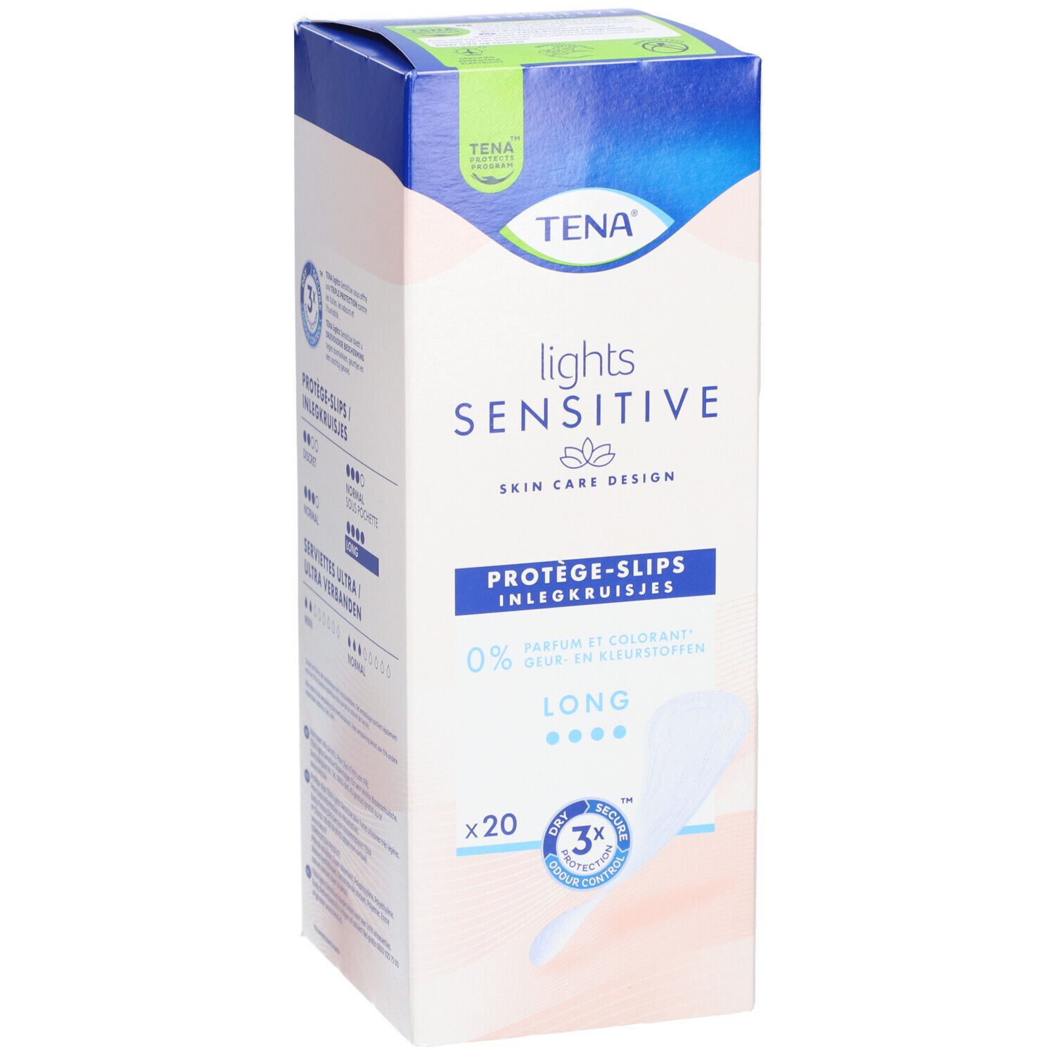 Boîte Tena Lights Sensitive Long. Emballage bleu et blanc avec informations produit et logo.