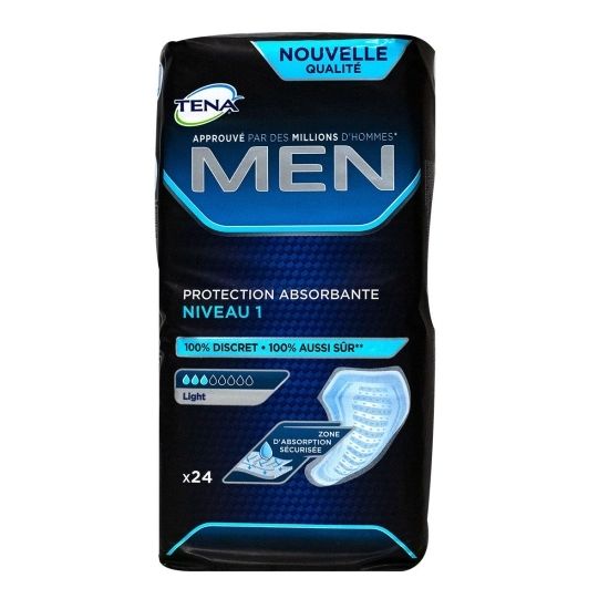 Paquet de TENA Men. Emballage bleu et noir. Nom du produit et description en français.