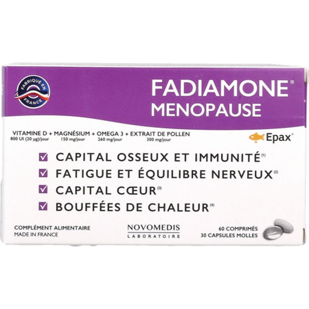 Boîte Fadiamone Ménopause. Design violet et blanc. Contient comprimés et gélules. Texte: Vitamine D, magnésium, oméga 3, extrait de pollen.