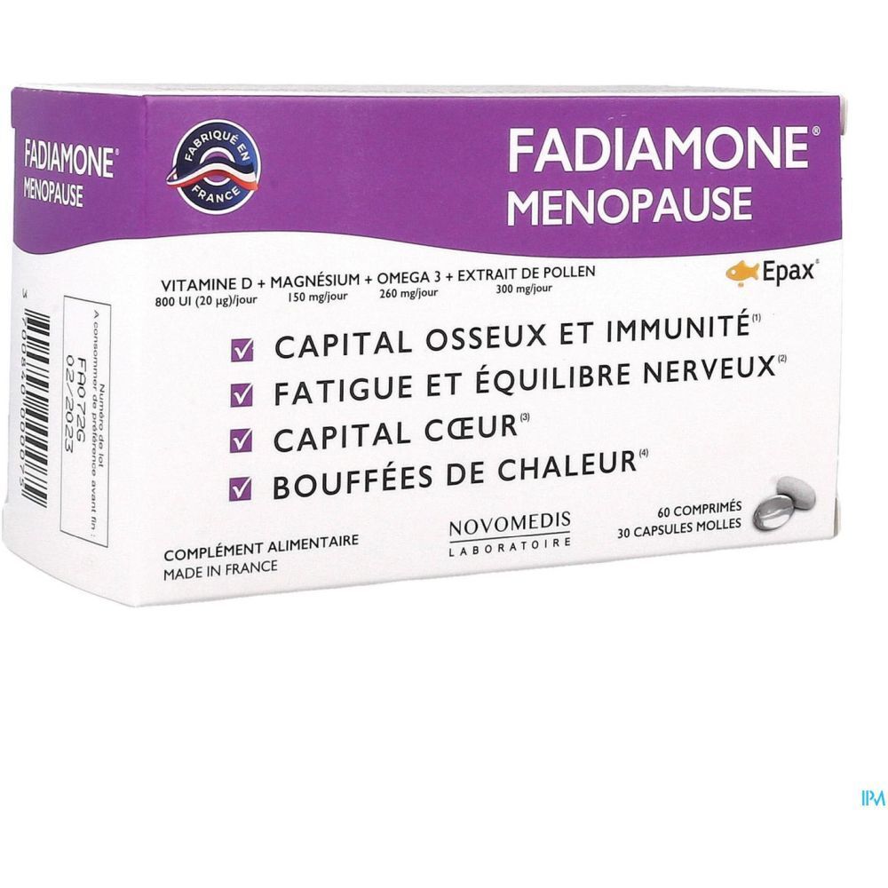 Boîte Fadiamone Ménopause. Design violet et blanc. Contient comprimés et gélules. Texte: Vitamine D, magnésium, oméga 3, extrait de pollen.