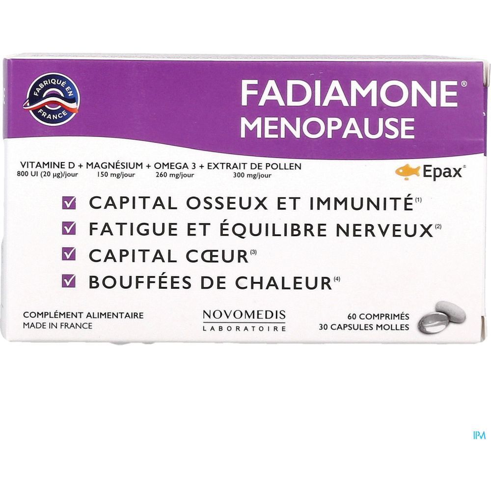 Boîte Fadiamone Ménopause. Design violet et blanc. Contient comprimés et gélules. Texte: Vitamine D, magnésium, oméga 3, extrait de pollen.