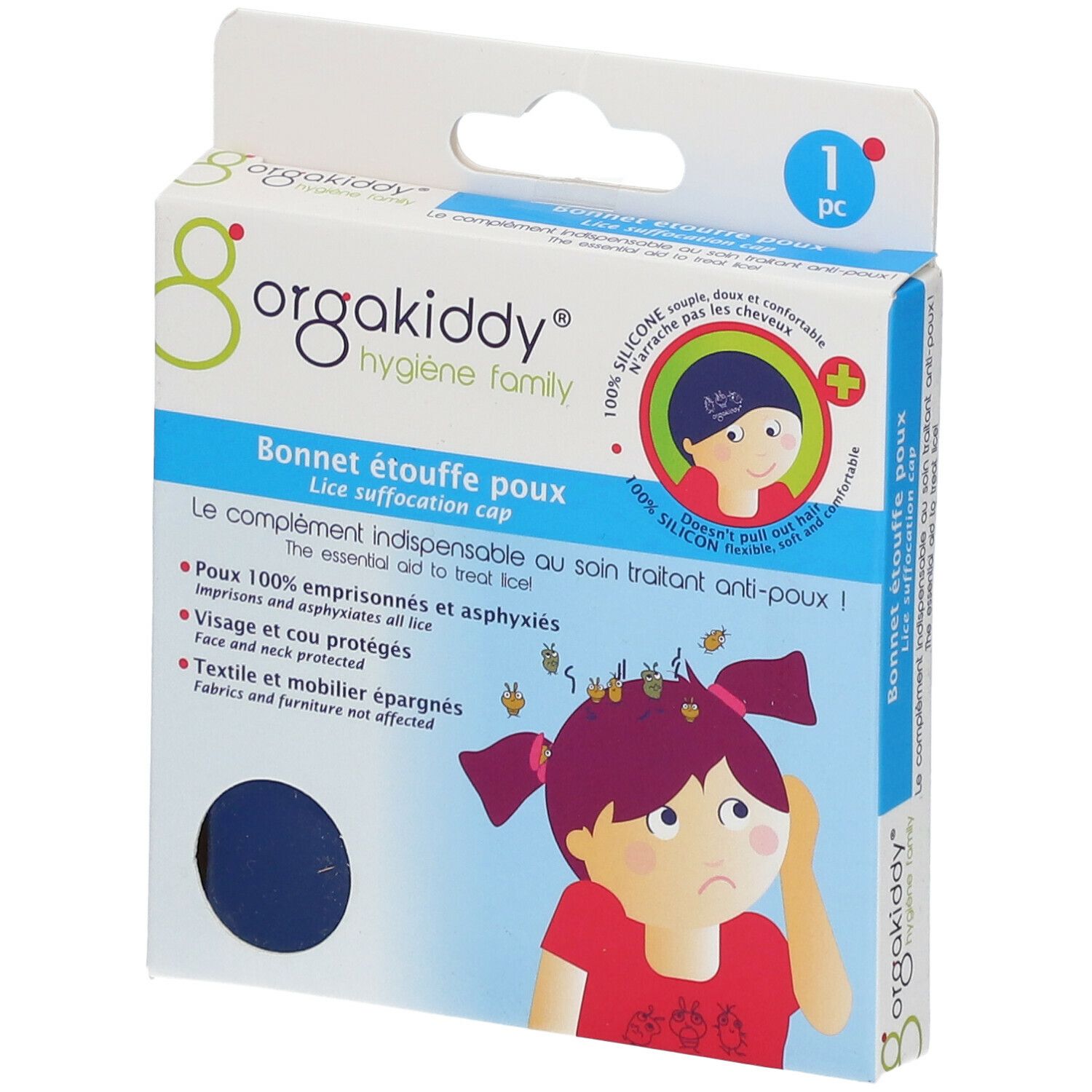 Verpackung der orgakiddy® Läuseschutzkappe blau. Blaue Kappe in einer Schachtel mit Produktinformationen und Illustrationen.