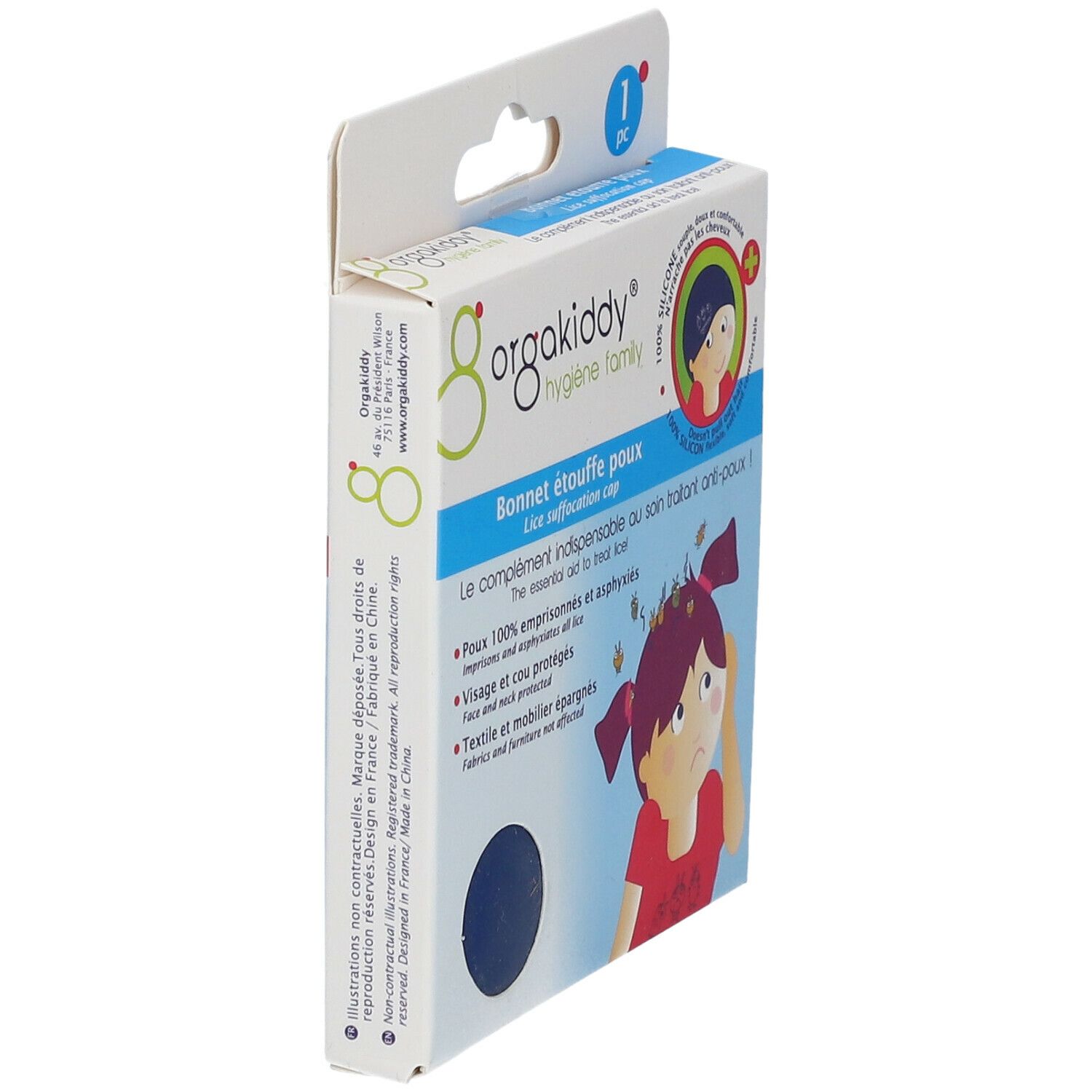 Seitenansicht der orgakiddy® Läuseschutzkappe blau Verpackung. Die blaue Kappe ist in einer Schachtel verpackt.