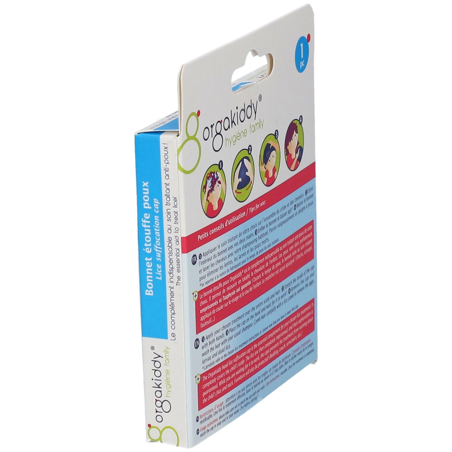 Rückseite der orgakiddy® Läuseschutzkappe blau Verpackung. Text und Illustrationen mit Produktinformationen.