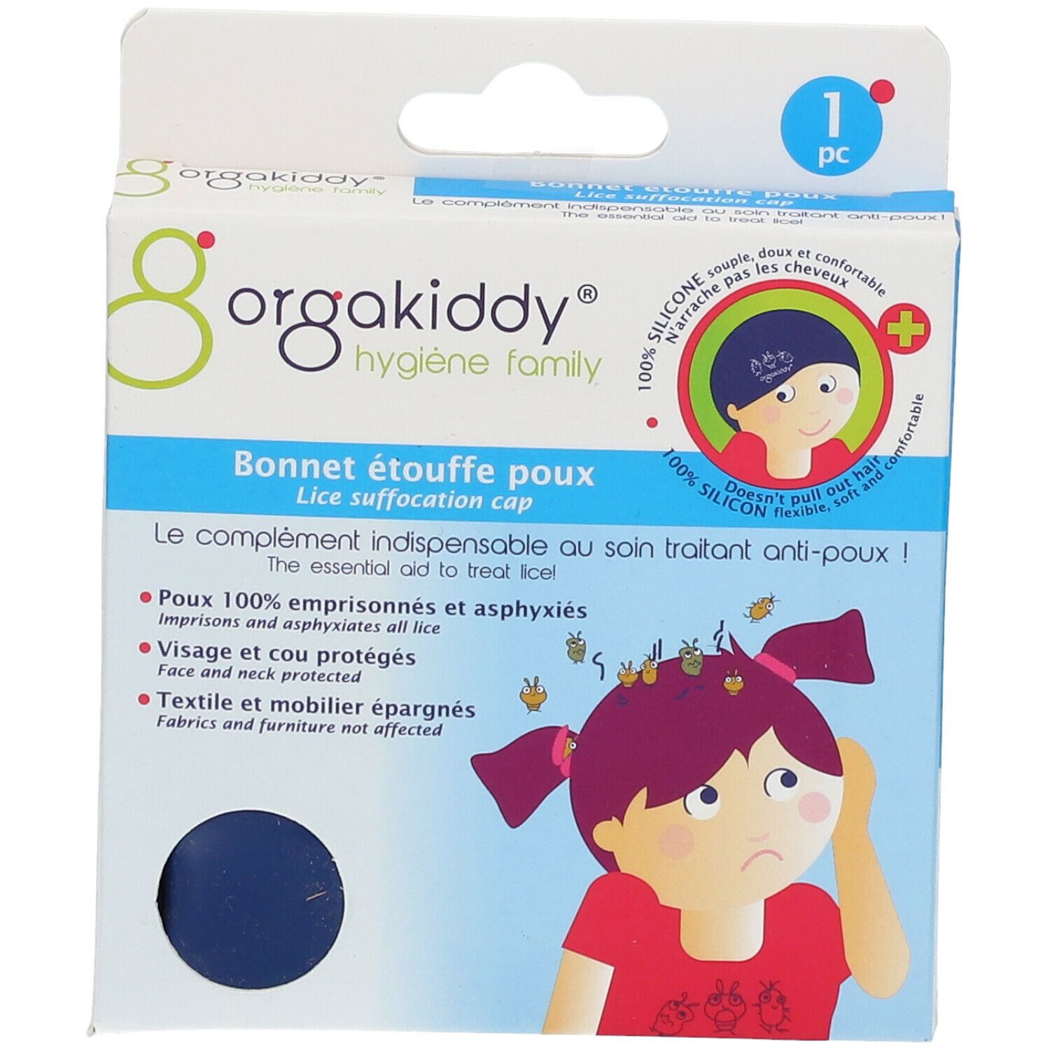 Vorderansicht der orgakiddy® Läuseschutzkappe blau Verpackung. Blaue Kappe in einer Schachtel mit Produktinformationen.