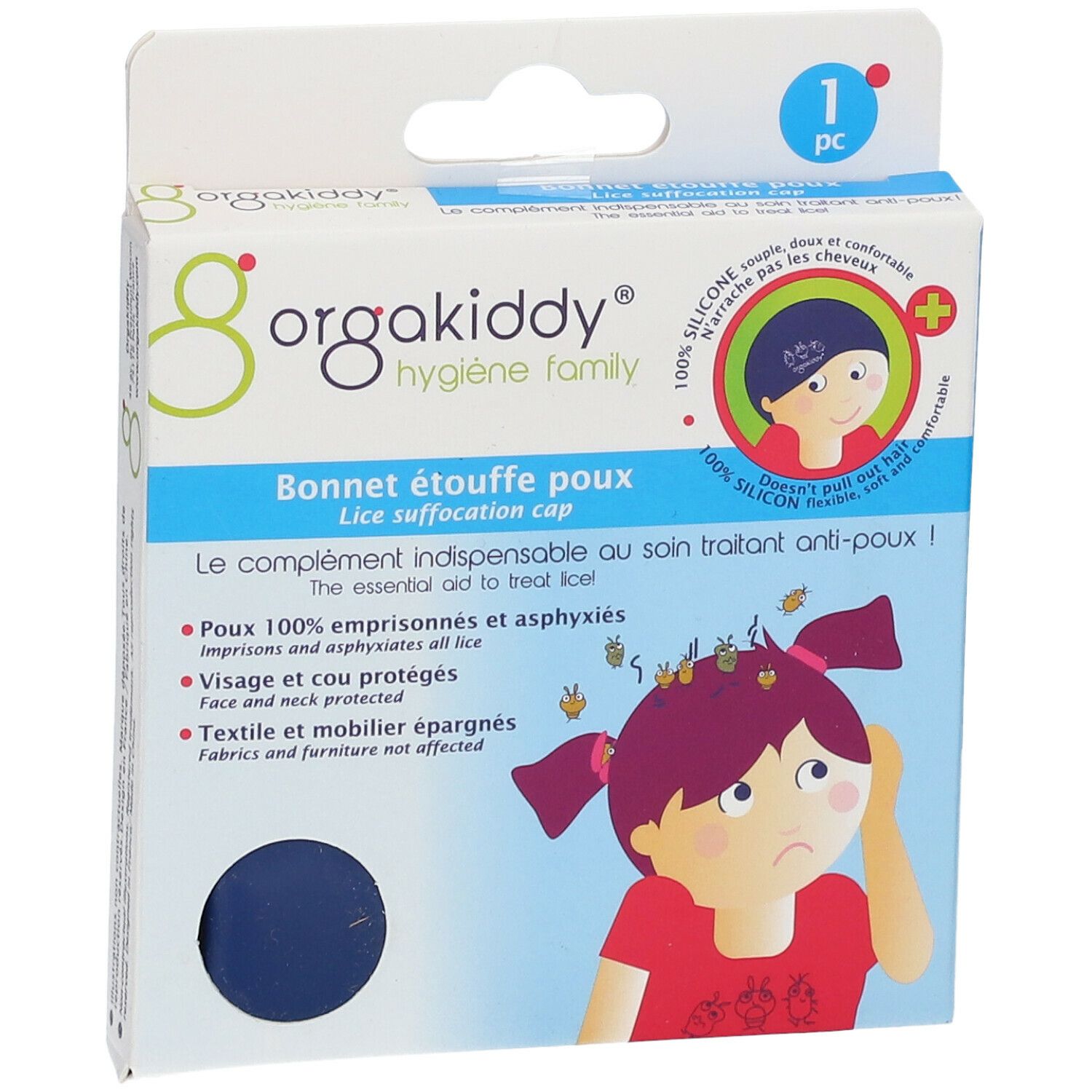 Vorderansicht der orgakiddy® Läuseschutzkappe blau Verpackung. Blaue Kappe in einer Schachtel mit Produktinformationen.