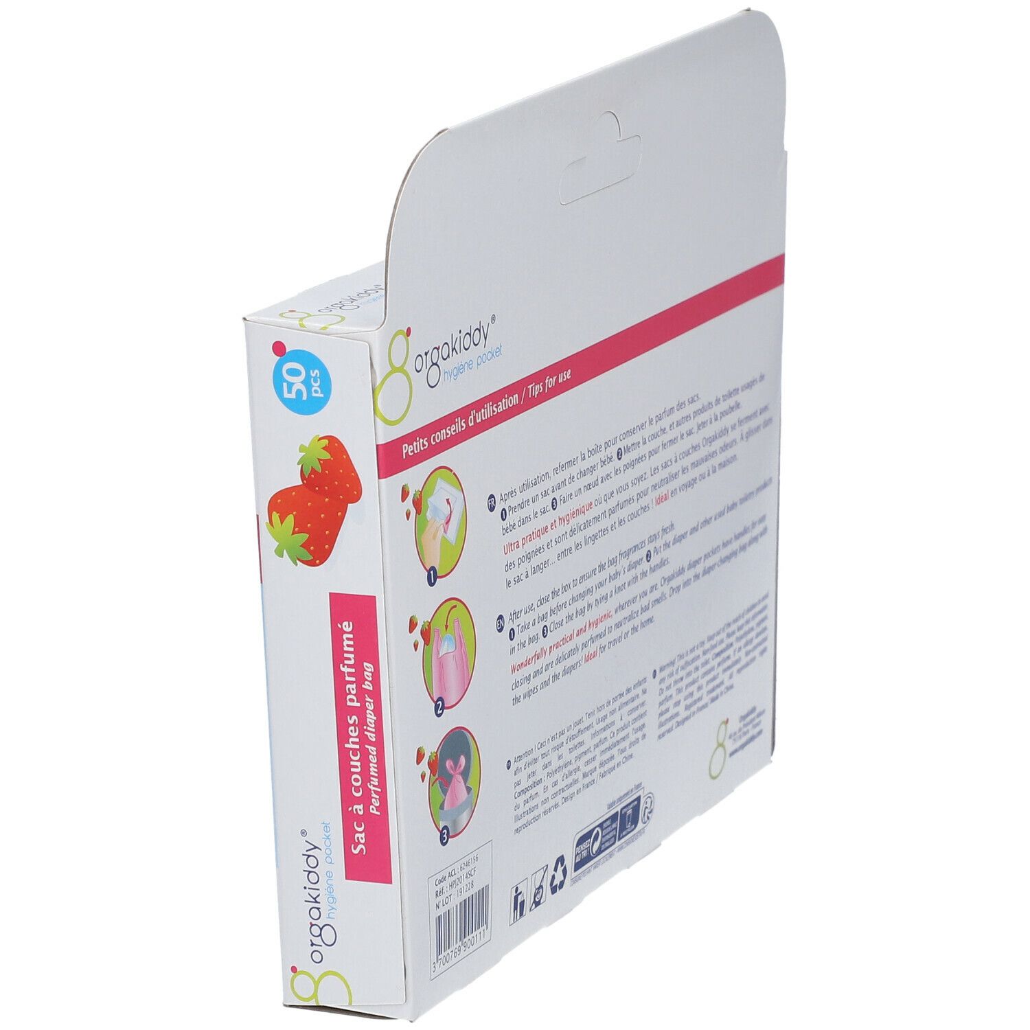 Dos de la boîte Orgakiddy. Texte: Conseils d'utilisation. Illustrations et texte en français.