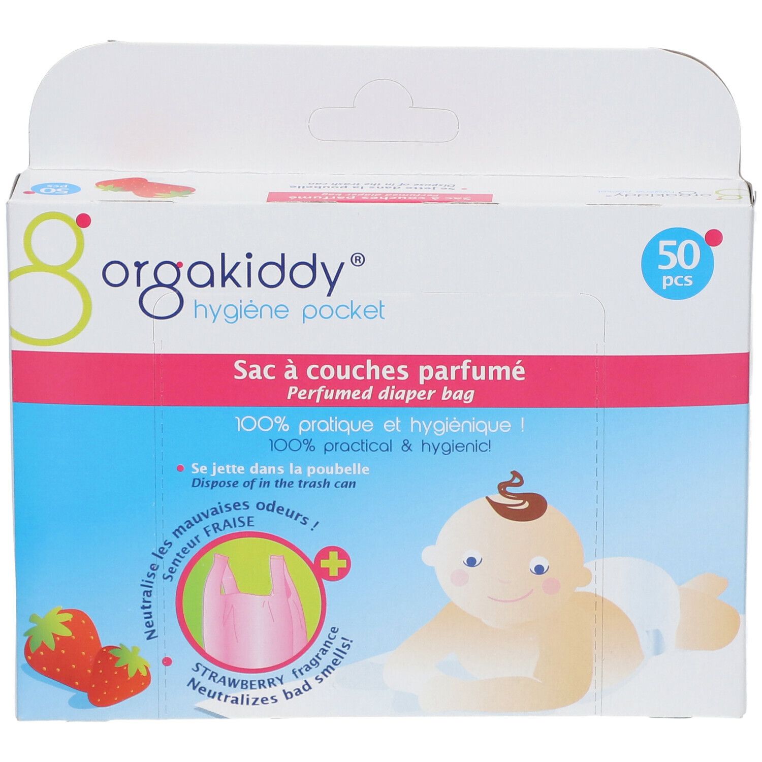 Boîte Orgakiddy de 50 pièces. Inscription: Sac à couches parfumé, parfum fraise. Illustration d'un bébé et de fraises.