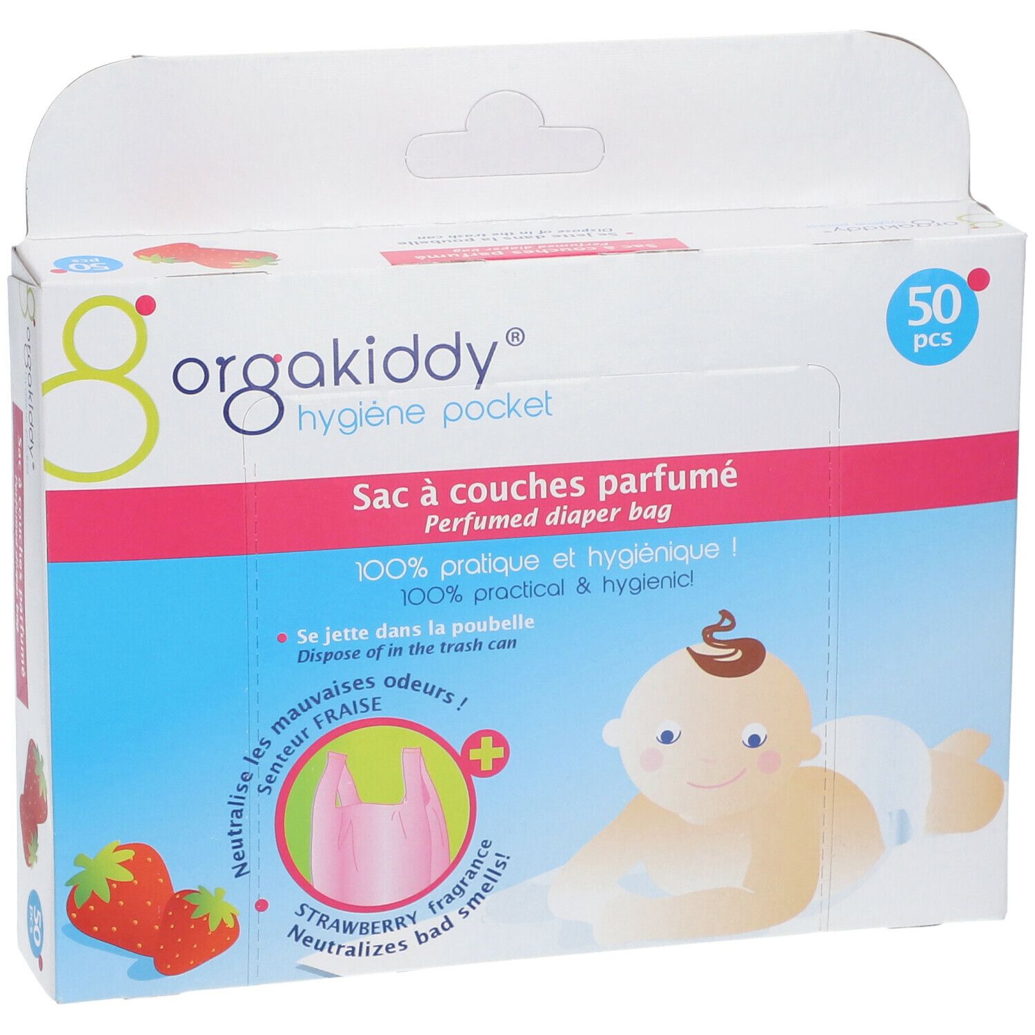 Boîte Orgakiddy de 50 pièces. Inscription: Sac à couches parfumé, parfum fraise. Illustration d'un bébé et de fraises.