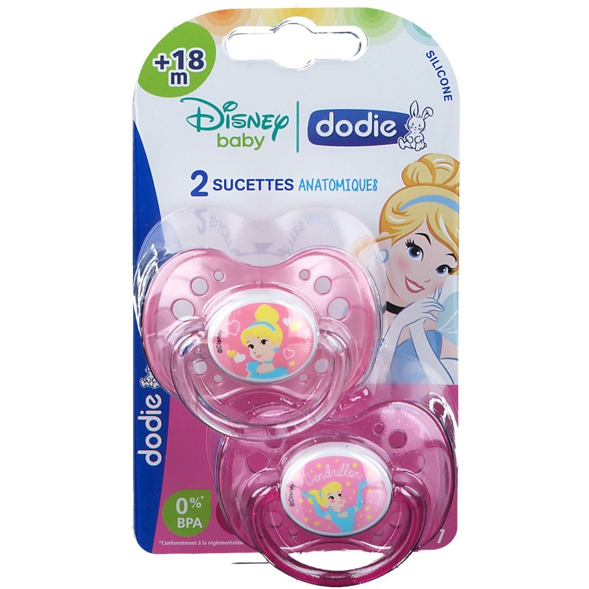 Emballage de deux sucettes roses. Motifs Cendrillon. Marque dodie® Disney Baby. Âge : +18 mois. Sans BPA.