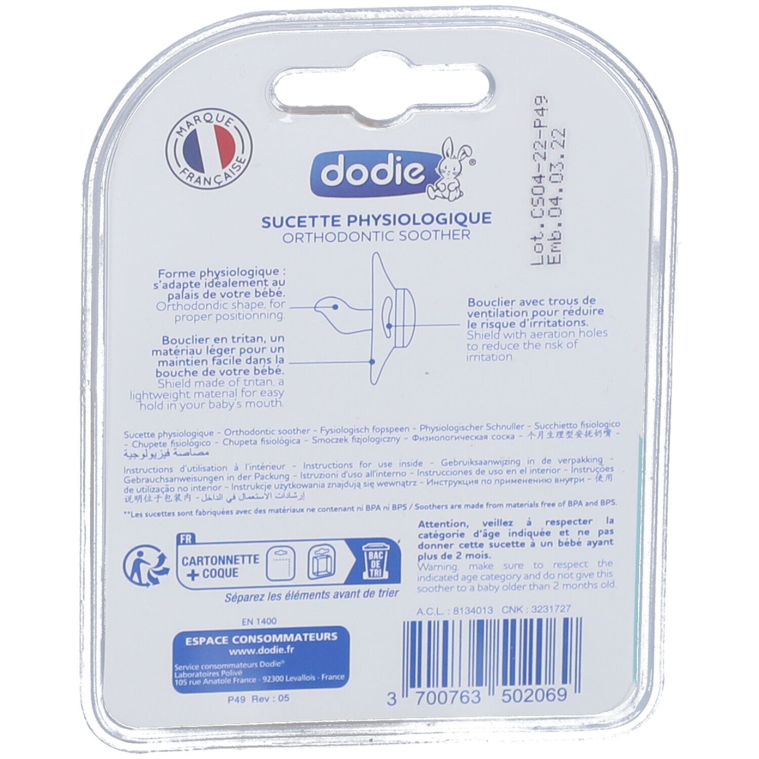 Dos de l'emballage blister. Inscription : dodie, sucette physiologique, forme orthodontique. Avec illustrations.
