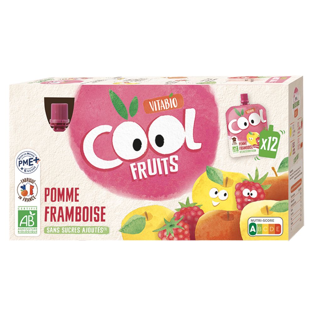 Boîte de Vitabio COOL FRUITS POMME FRAMBOISE. Contient 12 gourdes. Label AB et Nutri-Score. Sans sucres ajoutés.