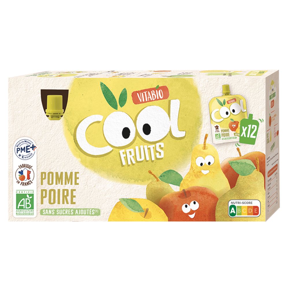 Boîte Vitabio COOL FRUITS POMME POIRE. Illustrations de pommes et poires. Avec labels AB Bio et PME+. Sans sucres ajoutés.